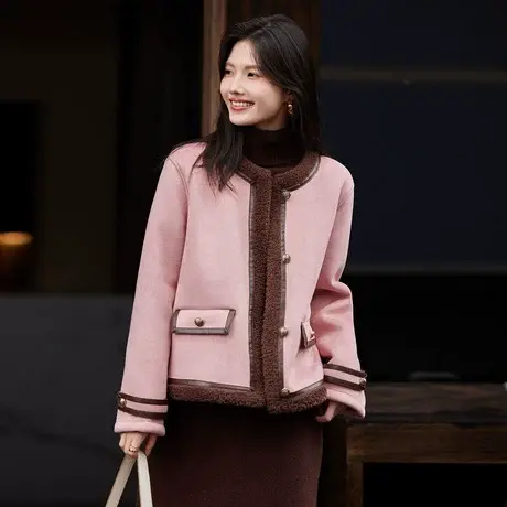 时尚气质外套2023年冬季新款女圆领撞色加绒厚款温柔百搭皮草上衣商品大图