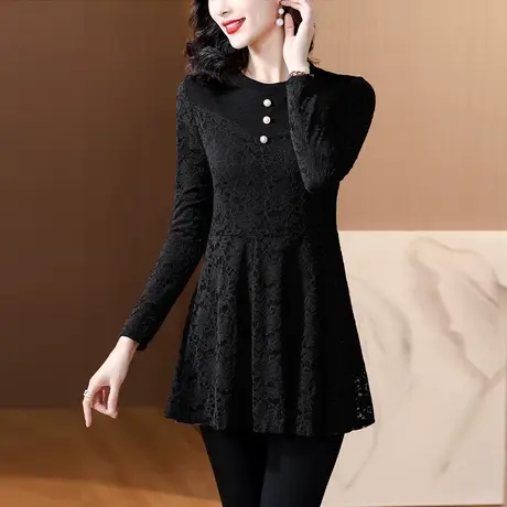 时尚加绒蕾丝打底衫女2023秋冬新款大码中长款洋气遮肚子妈妈上衣商品大图