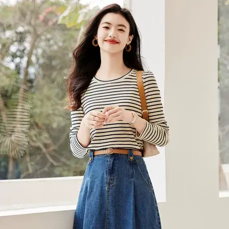 时尚气质条纹长袖T恤2023年春季新款简约休闲修身圆领百搭打底衫图片