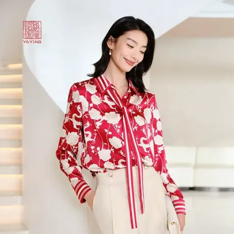 EP雅莹高端系列 瓷器花龙印花 国风缎面真丝飘带衬衫 春装2103A商品大图