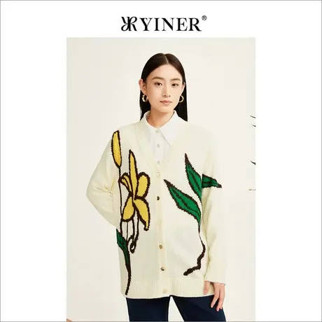 YINER音儿线上专选女装冬季V领艺术图案针织衫商品大图