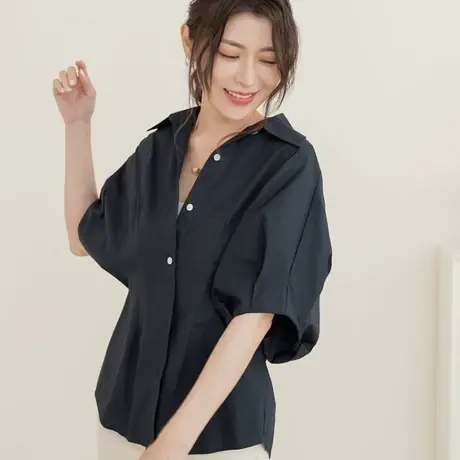 桔熊夏季设计感收腰修身泡泡袖翻领衬衫上衣女胖妹妹大码AB18559商品大图