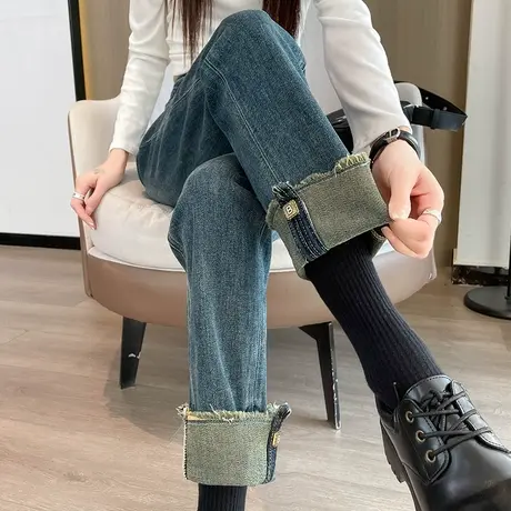 复古高腰翻边九分烟管牛仔裤女2024秋季新款毛边卷边小直筒法棍裤商品大图