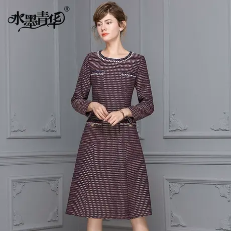 【1件7.9折】冬装新品气质优雅修身A字裙时尚显瘦粗仿嘛呢连衣裙图片