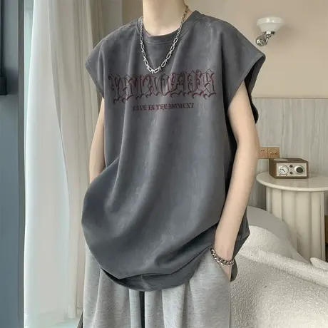 夏季麂皮绒背心男潮流美式潮牌字母无袖t恤休闲ins运动坎肩打底衫商品大图