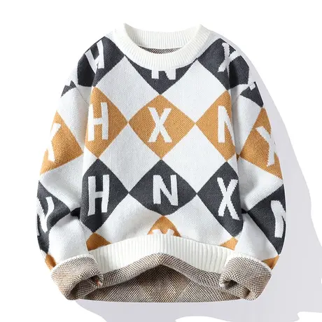 格子毛衣男韩版潮流青少年学生大码提花字母打底针织衫秋冬季男装商品大图