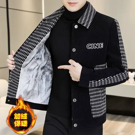 冬季时尚休闲加厚毛呢外套男士韩版格子夹克加绒保暖金貂绒男装潮商品大图
