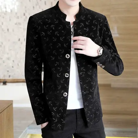 休闲立领西服男士春秋季韩版中山装平绒外套男帅气潮流单件小西装商品大图