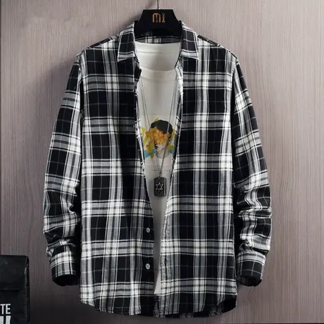 棉感衬衫男长袖春秋款休闲宽松黑白格子外套男士寸衫日系免烫衬衣图片