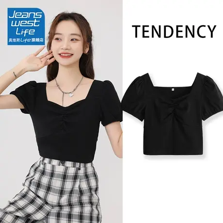 真维斯LIFE短款短袖t恤女夏2023新款设计感小众体恤法式显瘦上衣V商品大图