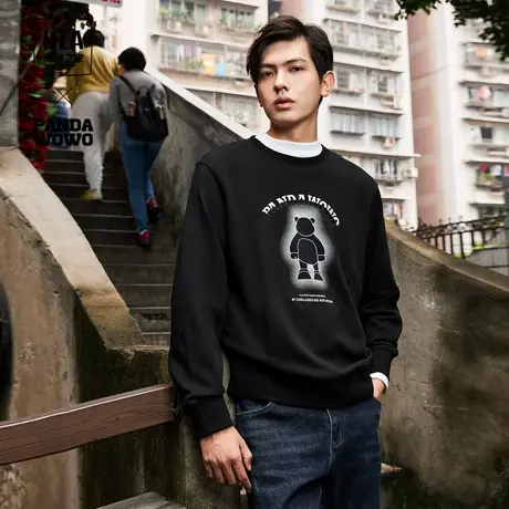HLA/海澜之家panda wowo熊猫卫衣23秋冬圆领宽松毛圈印花上衣男商品大图
