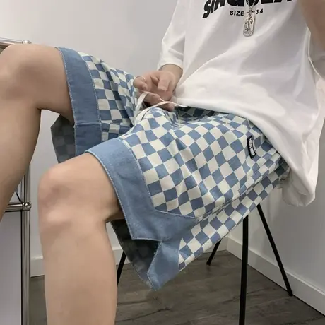 撞色格子休闲短裤男士宽松薄款外穿五分裤港风冰丝潮流休闲沙滩裤商品大图