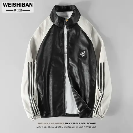 美式拼色pu皮衣外套男2023秋冬新款高级感痞帅立领工装飞行员夹克商品大图