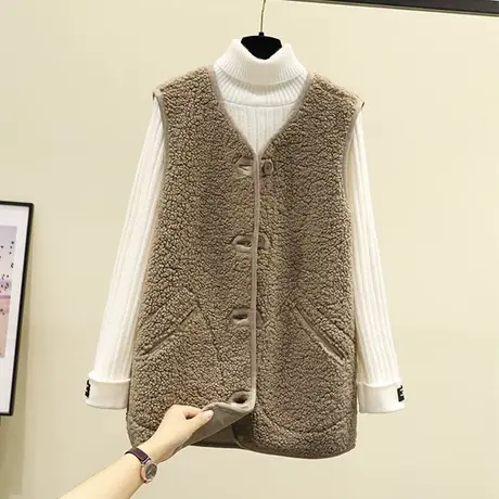 羊羔毛马甲女中长款皮毛一体绒外套2023秋冬新款韩版外穿坎肩背心商品大图
