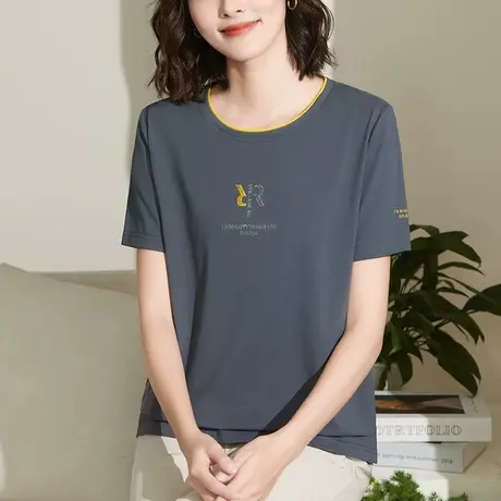 纯棉短袖t恤女2024年新款洋气中年妈妈夏装气质显瘦上衣圆领体恤商品大图