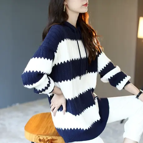 宝诗黎连帽条纹落肩针织卫衣2024新款时尚宽松慵懒上衣韩版针织衫商品大图