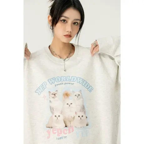 小猫咪圆领卫衣女春秋小个子2025新款韩系慵懒风长袖穿搭可爱上衣商品大图