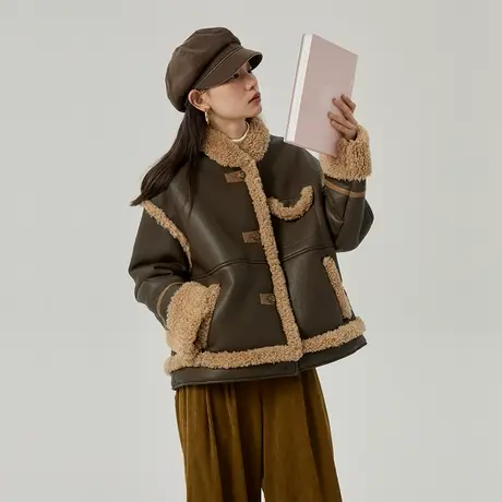 omont蛋挞家 复古皮毛一体短外套女2023冬新款麂皮绒羊羔毛厚夹克图片