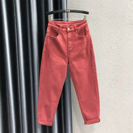 欧货红色休闲百搭牛仔哈伦裤女士2023秋季新款宽松显瘦高腰老爹裤图片