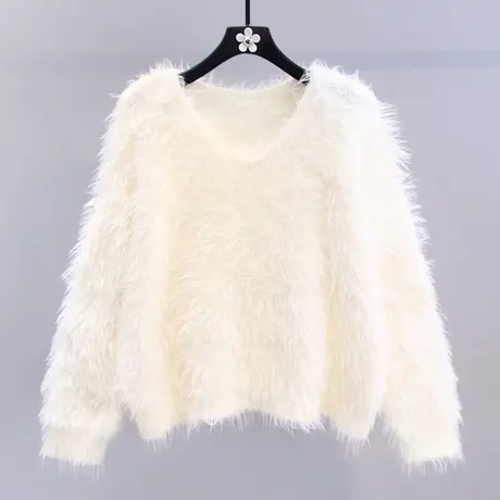 毛绒绒水貂绒V领毛衣女秋冬2023新款宽松百搭洋气短款针织衫上衣商品大图