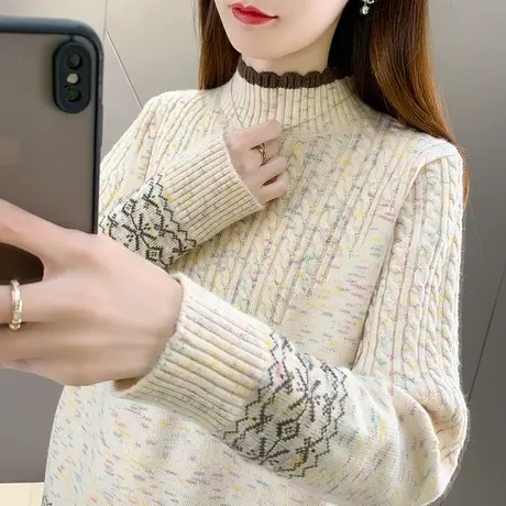 半高领毛衣女2023年秋冬新款加厚针织衫宽松套头夹色上衣外穿上衣图片