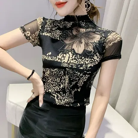 性感镂空t恤女短袖复古印花时尚蕾丝上衣洋气半高领网纱打底衫女商品大图