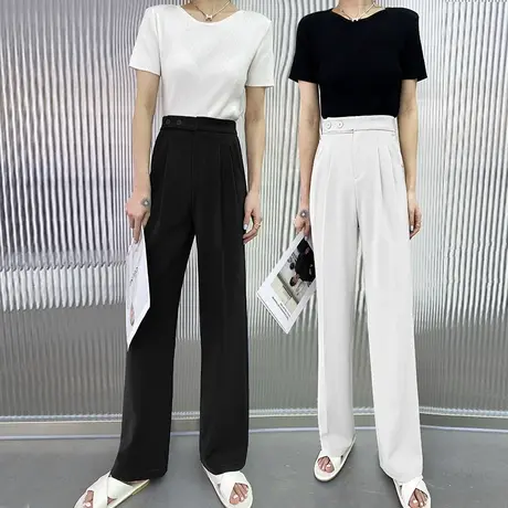 冰丝西装裤女夏2023薄款高腰设计感小众直筒休闲黑色阔腿拖地裤子商品大图