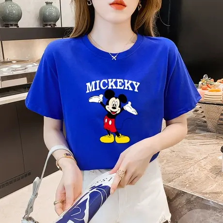 正肩纯棉米奇短袖t恤女夏季2024新款宽松克莱因蓝体恤半袖上衣ins商品大图