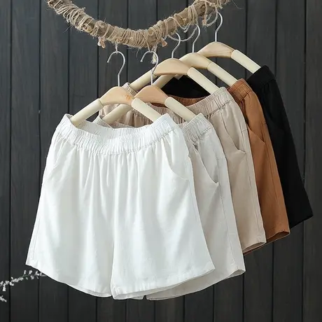 复古文艺拼接棉麻短裤女夏季新款松紧腰百搭阔腿裤休闲高腰直筒裤商品大图