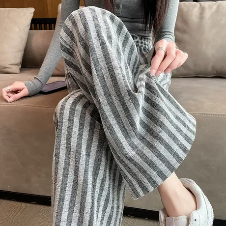 竖条纹阔腿裤女垂感2023春秋季新款拖地抽绳休闲高腰直筒拖地裤子商品大图