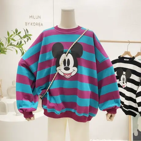 韩国东大门上衣外套2022年春季新款卡通条纹宽松BF慵懒休闲卫衣女图片