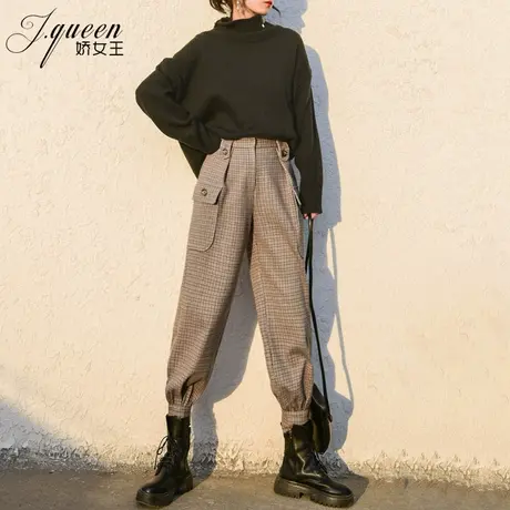 格子哈伦裤女高腰加厚秋冬新款宽松显瘦小脚裤复古工装毛呢束脚裤商品大图