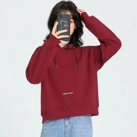 红色卫衣女2024新款春秋修身短款上衣小个子连帽外套时尚带帽外套商品大图