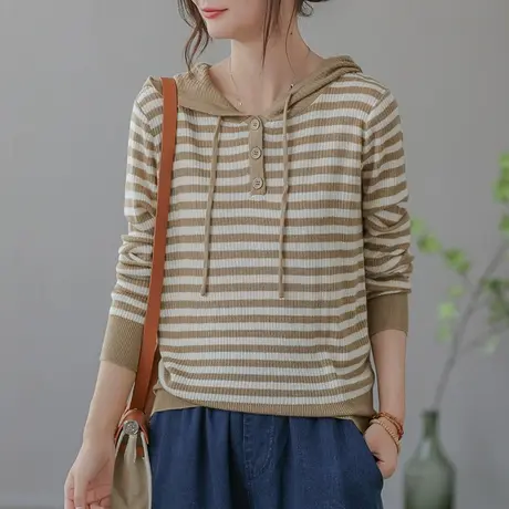 dza 复古连帽针织衫女士春秋条纹内搭打底衫休闲上衣长袖宽松毛衣商品大图