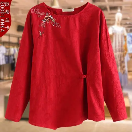 加肥加大码女中年妈妈装棉麻小衫2022春装新款宽松民族风绣花上衣图片