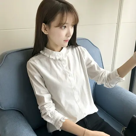 春秋季韩版小清新花边立领学生白色打底上衣女学院风长袖纯棉衬衫商品大图