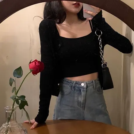 2024早秋防晒开衫小外套女ins潮两件套修身韩版短款吊带长袖上衣图片