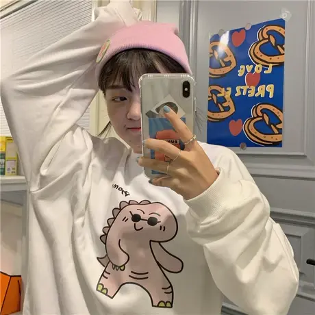 新款韩版少女感可爱原创宽松oversize慵懒风圆领卫衣女上衣ins潮图片