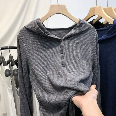 欧货长袖连帽上衣女2023春秋新款高冷范时尚修身t恤螺纹打底衫潮图片