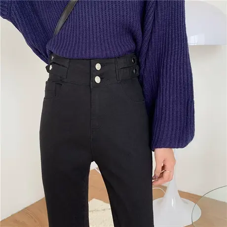 黑色牛仔裤女加绒加厚薄款高腰修身显瘦紧身小脚显高长裤弹力黑裤图片