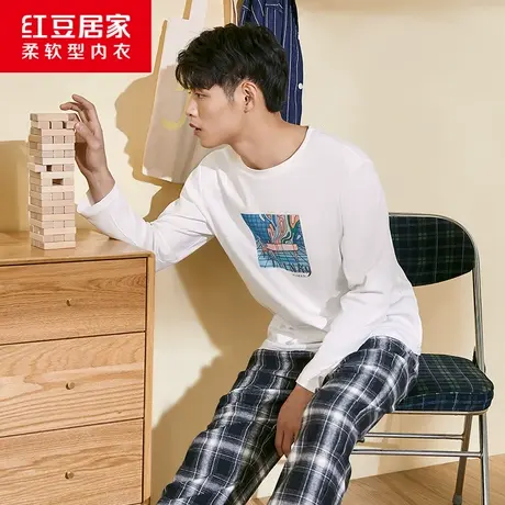 睡衣男士纯棉长袖休闲套装红豆居家套头全棉印花家居服男春夏薄款商品大图