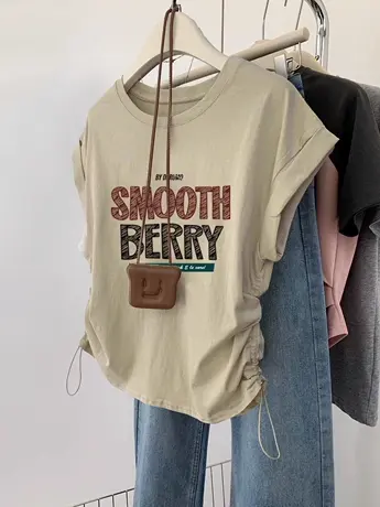 小飞袖抽绳短袖t恤女夏季复古chic正肩显瘦无袖体恤ins潮短款上衣商品大图