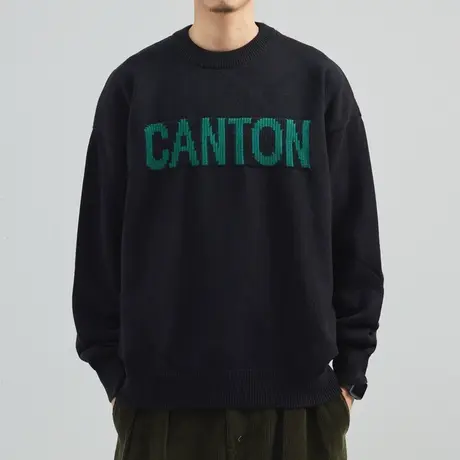 冬季加厚毛衣男宽松潮牌圆领韩版针织衫秋冬线衣美式字母黑色外套商品大图