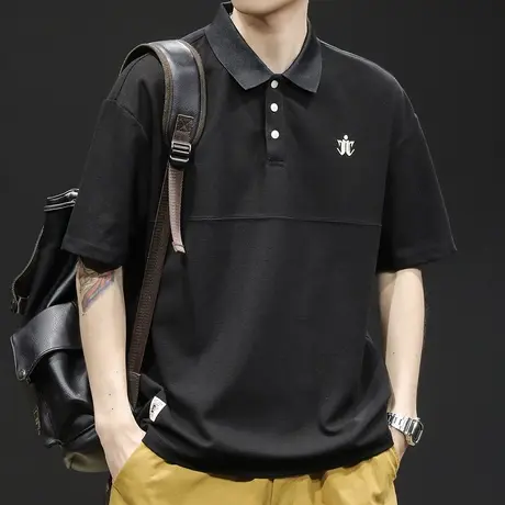 黑色polo衫男短袖t恤男士夏季宽松大码潮牌2024新款男装体恤男款商品大图