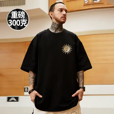 简约卡通印花短袖男美式潮牌宽松大码300g重磅高克重纯棉T恤半袖商品大图