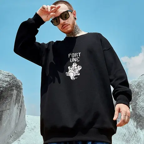 oversize小熊圆领卫衣男潮牌ins潮流加肥加大码男装加绒无帽春季商品大图