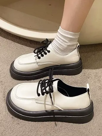 松糕厚底小皮鞋女2023春秋季新款白色英伦风圆头系带百搭日系单鞋商品大图