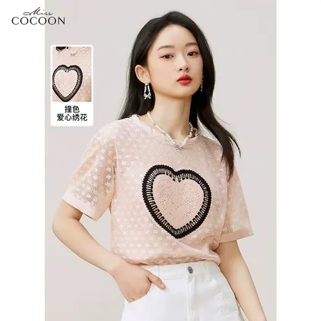 miss COCOON镂空网格蕾丝短袖T恤女装2023新款夏季设计感小众上衣商品大图
