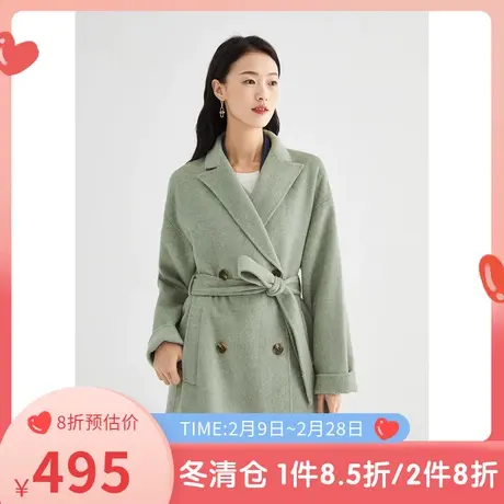 伊芙丽毛呢外套女秋冬新品系带修身中长款羊毛大衣女士通勤双面呢商品大图