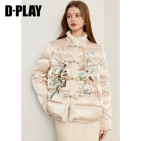 DPLAY冬新中式羽绒服米白色国风羽绒服重工水貂毛拼接刺绣外套女图片